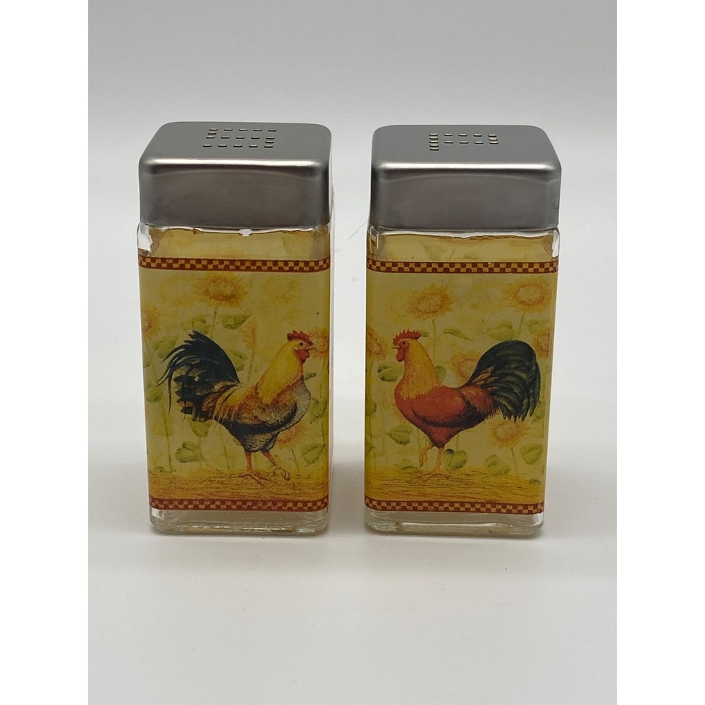 Country Rooster Sunflower Glass Salt and Pepper Shakers Metal Lids